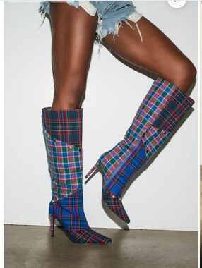 AZALEA WANG FENMORE PLAID MULTI COLOR BLOCKED STILETTO BOOT - 8.5